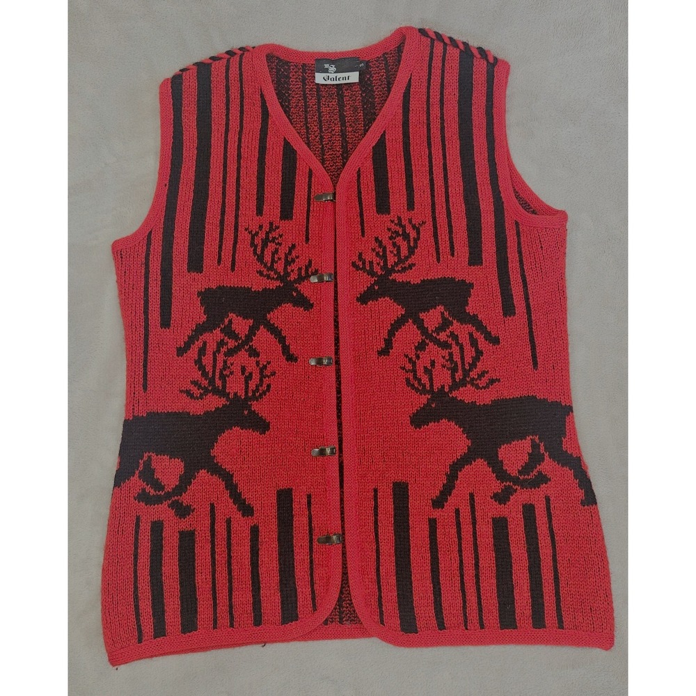 Vintage 80s 90s Wool Reindeer Sweater Vest Nordic Scandinavian Clasp Red Small